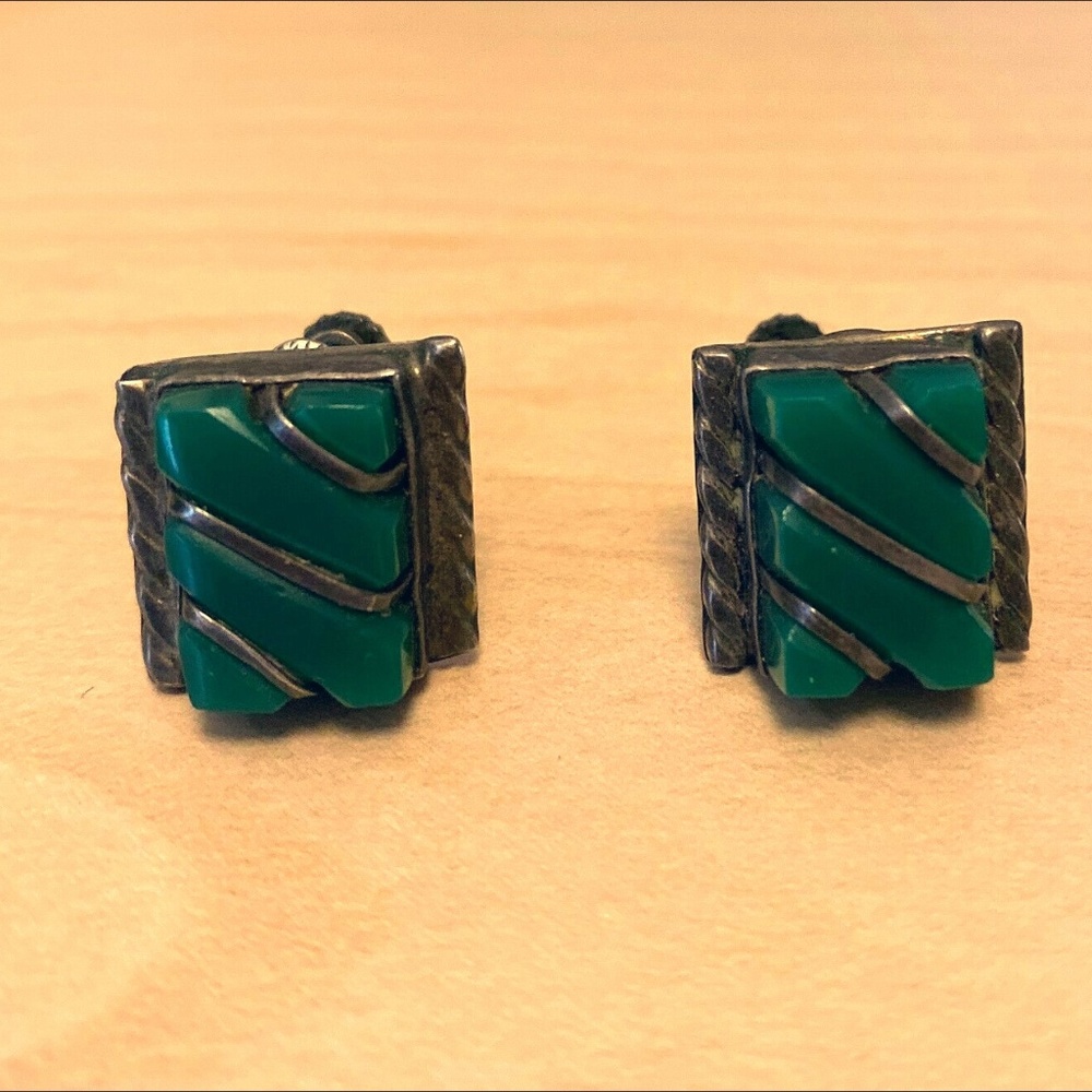 Vintage Taxco Mexico Sterling Silver Onyx Screwback Earrings - Marked Silver